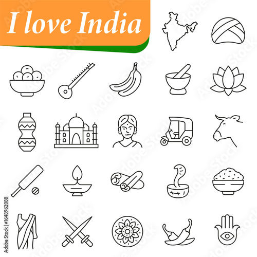 Set of icons with symbols of India. For tourist projects, souvenir products, printing.