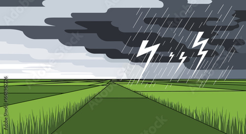 Dramatic Storm Over Grassy Farmlands, With Lightning and Heavy Rainfall