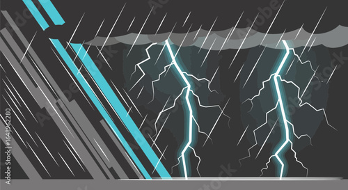 Dramatic Storm Scene With Lightning Strikes And Heavy Rainfall Vector Illustration