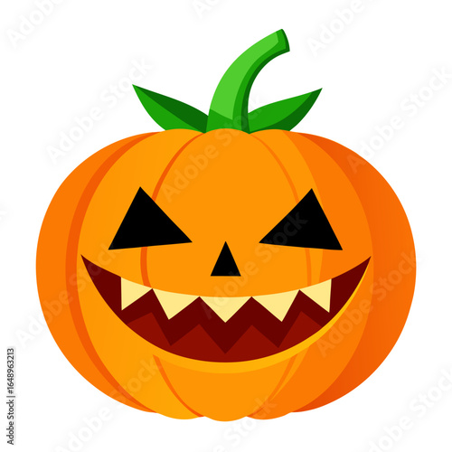 A spooky jack o lantern with a wide grinning face and sharp teeth