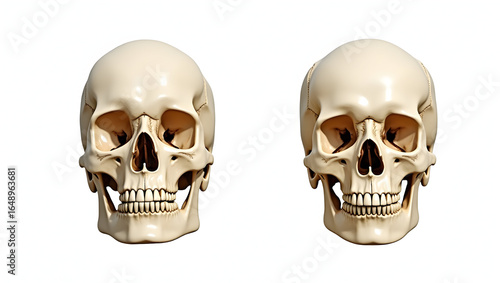 Anatomy & Physiology A male and female human skull are shown side-by-side, isolated on white, emphasizing the sexual dimorphism in bone shape, brow ridge