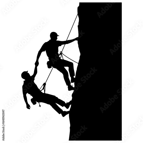 Two climbers ascending a steep rock face, assisting each other with ropes.