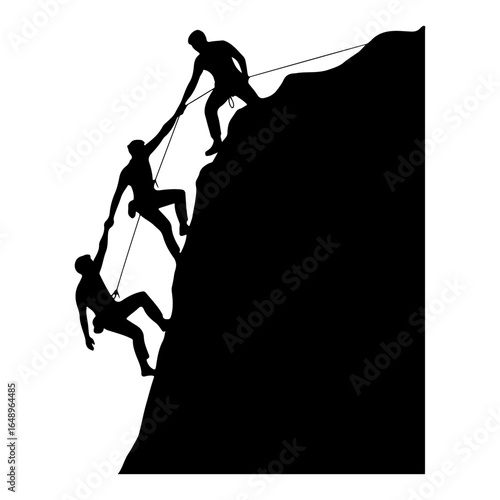 Three climbers ascending a steep mountain face, using ropes for support and teamwork.