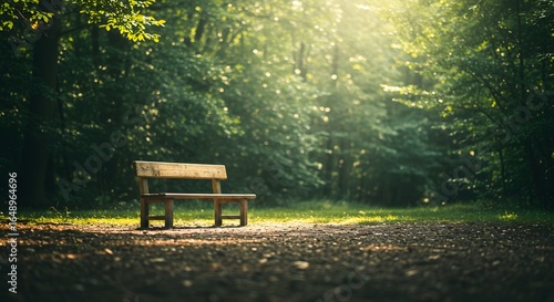 Fototapeta Naklejka Na Ścianę i Meble -  Serene wooden bench bathed in sunlight within a tranquil, leafy forest.