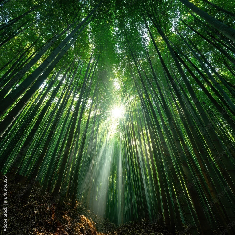 Fototapeta premium Sunbeams in Japanese Bamboo Forest, tranquility, nature wallpaper