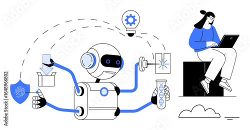 Robot multitasking with gear, shield, box, test tube, and woman using laptop. Ideal for automation, AI, innovation multitasking technology digital solutions futuristic design. Clean flat metaphor