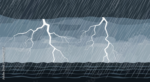 Dramatic Stormy Weather Illustration Featuring Lightning Streaks And Heavy Rainfall