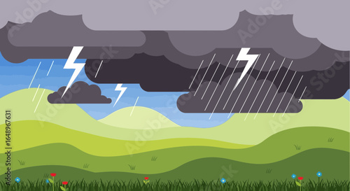 Dramatic Thunderstorm Landscape With Rolling Hills And Vibrant Flowers