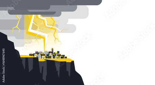 Dramatic thunderstorm over a cliffside village, a stylized weather illustration with vibrant lightning and clouds above quaint town