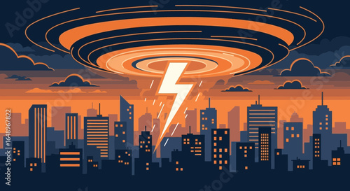 Dramatic Urban Landscape With Lightning Strike And Unusual Atmospheric Phenomenon