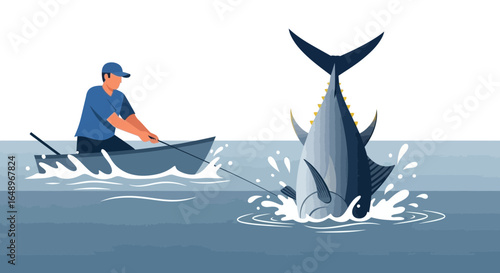 Dramatic Tuna Catch Featuring Fisherman and a Leaping Big Fish in Sea
