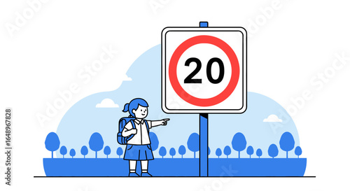 Elementary Student Points to Twenty Speed Limit Sign Near School