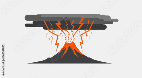 Dramatic vector illustration of a volcano erupting with lightning strikes and dark clouds