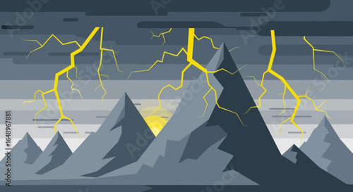 Dramatic Vector Mountainscape With Lightning Bolts During Stormy Weather Illustration