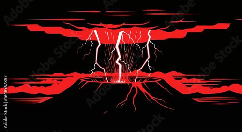 Dramatic Volcano Eruption Illustration with Lightning and Clouds in Red and Black