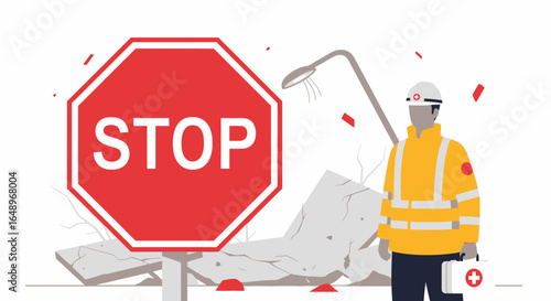 Emergency Stop Sign With Rescuer Aid Worker After Disaster Incident