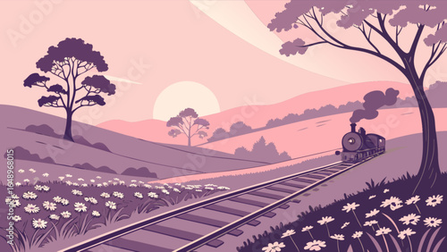 Vintage train landscape vector illustration with sunset, railway, flowers and rolling hills design artwork