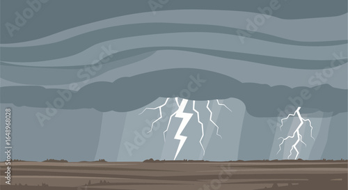 Dramatic Weatherscape With Lightning Strikes Over The Land During Stormy Season