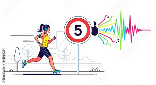 Empowered Female Jogger Embracing Sonic Energy Running Beyond Limitations in an Urban Scene