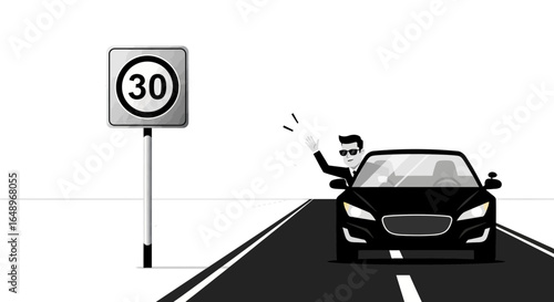 En Route Man Waving from Car by a 30 Speed Limit Sign