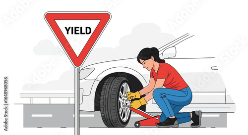 Empowered Woman Changing Car Tire Near Yield Sign Roadside Repair