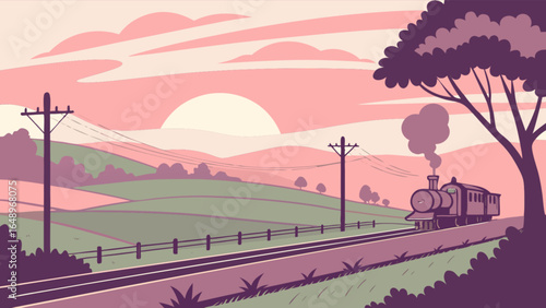 Vintage train illustration at sunset on railroad tracks through countryside landscape drawing art 95