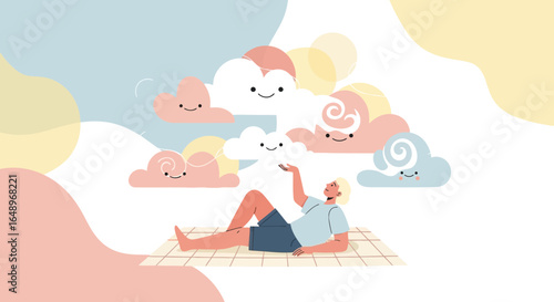 Dreamy Afternoon Young Man Reaching For Smiling Pastel Clouds Illustration