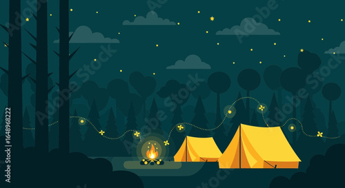 Enchanting night campsite illustration with tents, bonfire, and starry skies conveying adventure and peacefulness