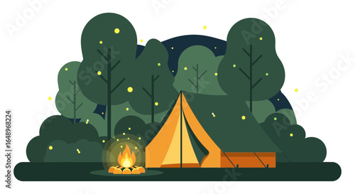 Enchanting Night Scene With Camping Tent And Bonfire Under Starry Sky