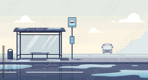 Dreary Urban Landscape Featuring Bus Stop After Rain Waiting Public Transit