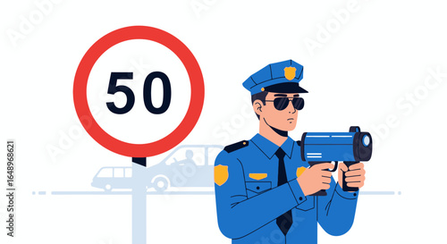 Enforcement Officer Using Speed Gun by a Speed Limit Warning Sign