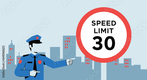 Enforcing City Speed Limit With Police Officer Against Urban Landscape