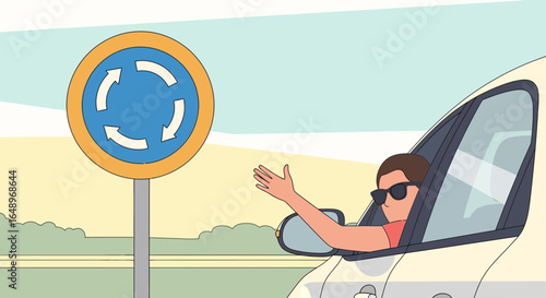Driver Gesturing Towards Traffic Roundabout Signage on Sunny Day Illustration