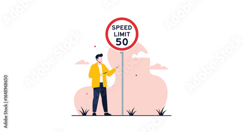 Enforcing Speed Limits Man Points to Fifty Kilometer Traffic Sign
