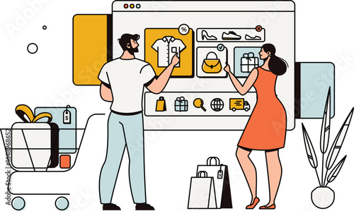 Online Shopping Couple Browsing Website with Shopping Cart and Bags