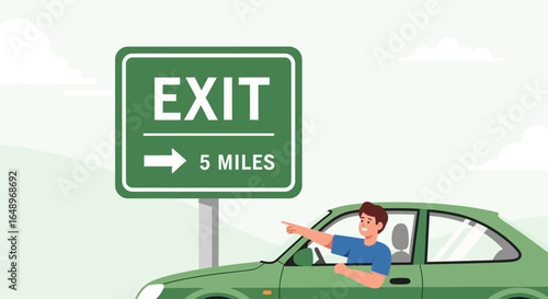 Driver On Road Trip Points Towards Exit Sign Five Miles Away