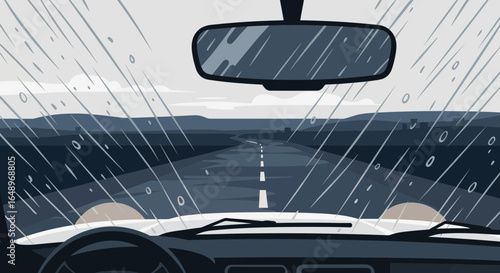 Driving During A Storm: View From Inside A Car On A Rainy Day