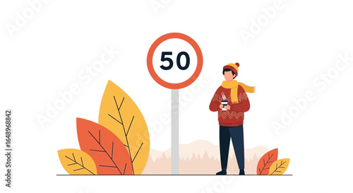 Enjoying Hot Coffee near 50 Speed Limit Sign in Autumn Scenery