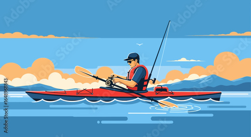 Enjoying Kayak Fishing Man on the Water with rod and Paddle Outdoor