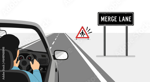 Driving On Road With Caution Road Signs Ahead In Merge Lane Ahead