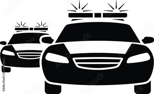 Monochrome Police Car Silhouette with Emergency Lights on Transparent Background