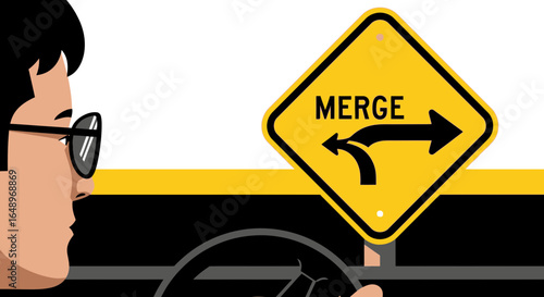 Driving Safely Observe Traffic Merge Road Sign Driver Wearing Sunglasses