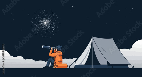 Enjoying Night View Man Observing Sky With Telescope On Camping Trip