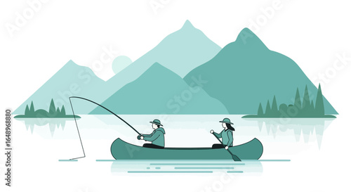 Enjoying Nature Together People Fishing From Canoe On Serene Lake And Mountain View