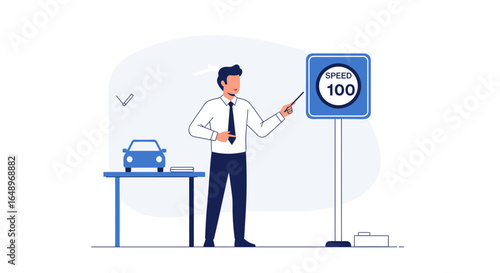 Driving School Instructor Explaining The Speed Limit With Car Model