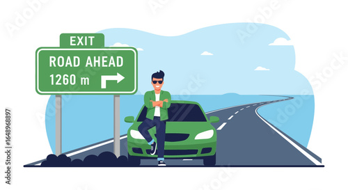 Enjoying Road Trip Adventure With Car And Direction Sign For Future Destination