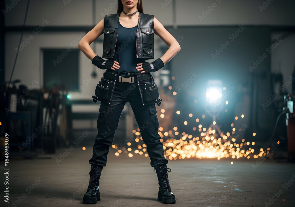 Naklejka premium Confident Woman in Black Outfit Posing with Sparks in Workshop.