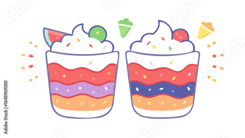Delicious layered dessert parfait with whipped cream, sprinkles, and fruit toppings vector art
