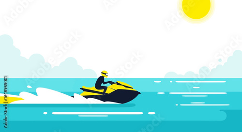 Enjoying Summer Vacation With Jet Ski In The Ocean Under Sunny Sky
