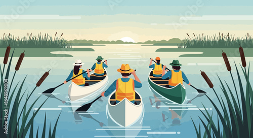 Enjoying Sunny Day on Serene Lake With Friends on a Recreational Canoeing Trip